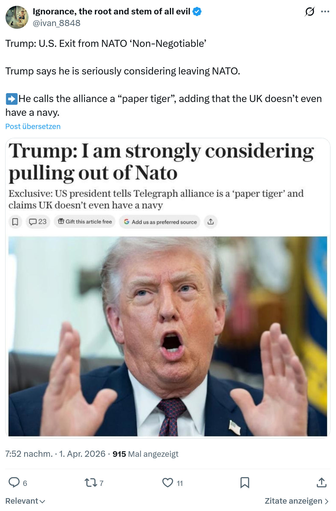 ivan Ignorance: Trump: U.S. Exit from NATO ‘Non-Negotiable’…