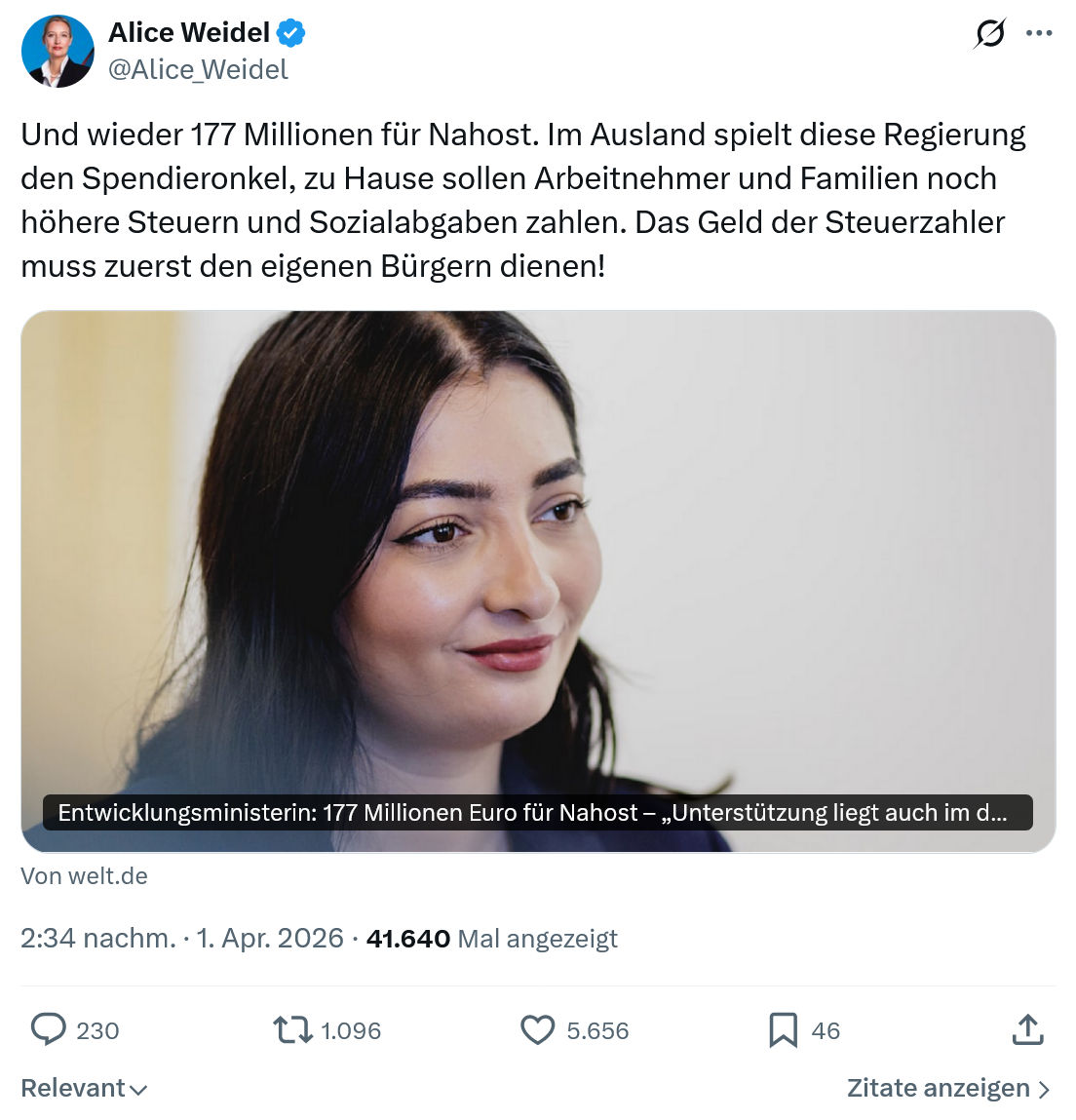 Alice Weidel: Und wieder 177 Millionen für Nahost…
