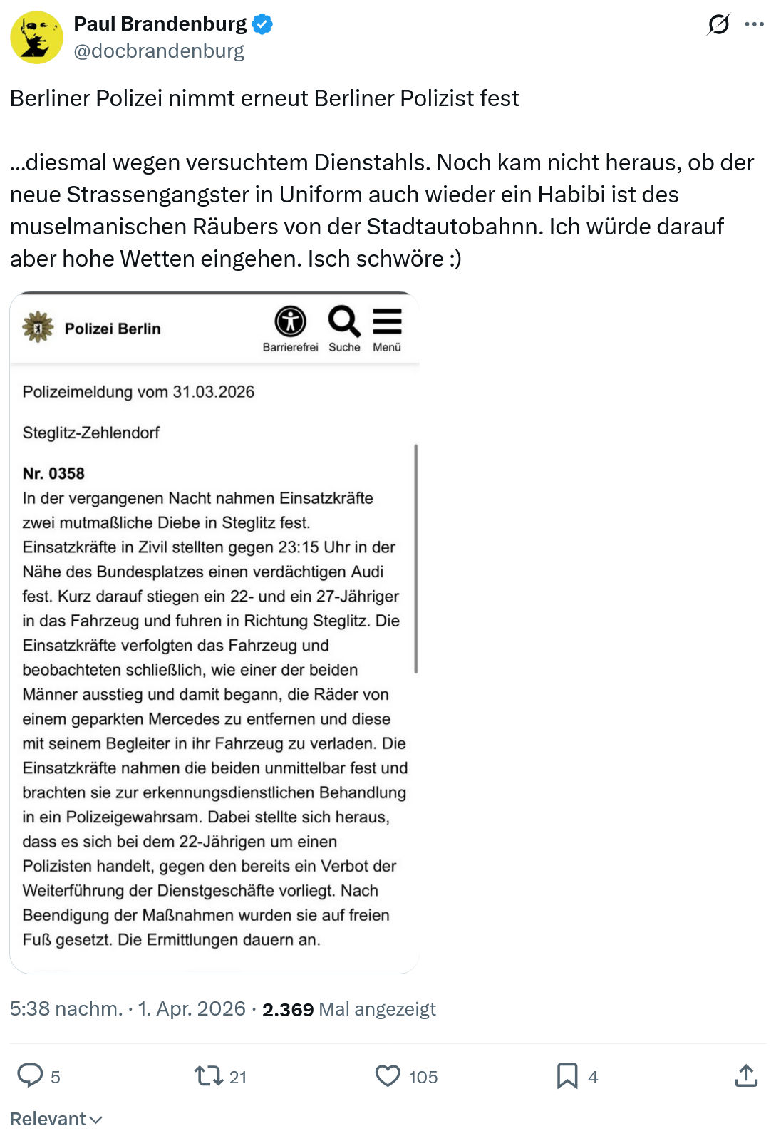 Paul Brandenburg: Berliner Polizei nimmt erneut Berliner Polizist fest…