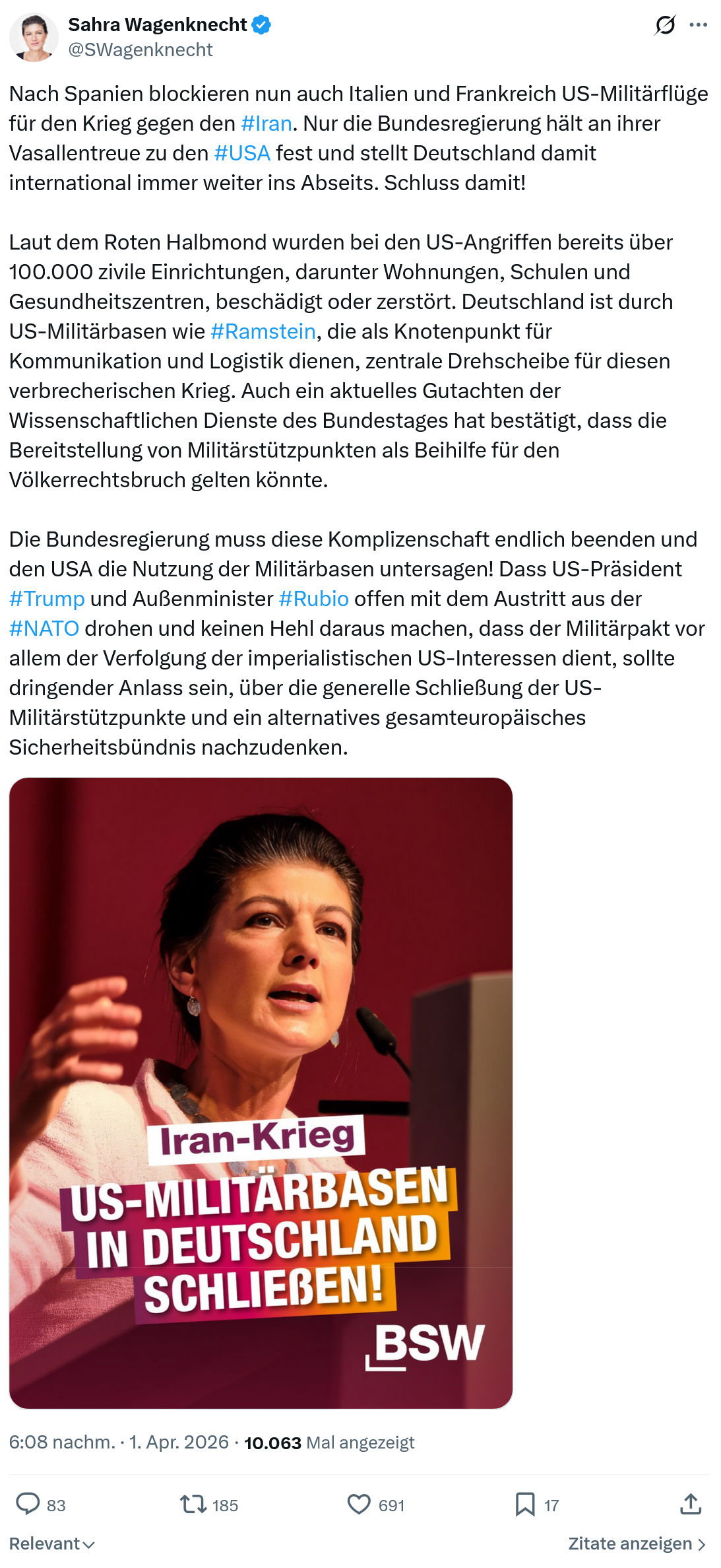Sahra Wagenknecht: Nach Spanien blockieren nun auch Italien und Frankreich US-Militärflüge…