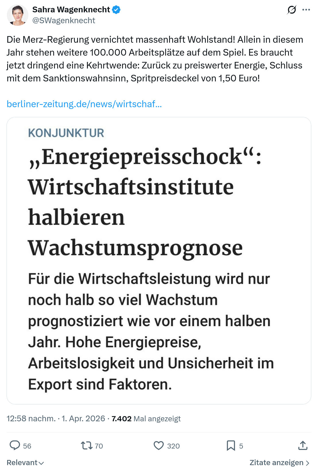 Sahra Wagenknecht: Die Merz-Regierung vernichtet massenhaft Wohlstand…