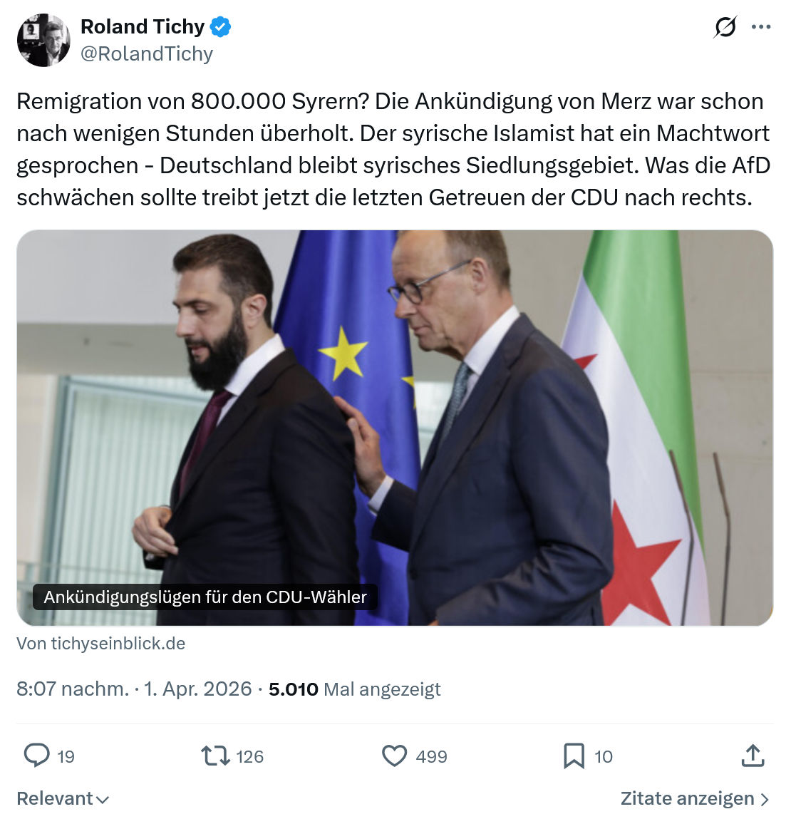 Roland Tichy: Remigration von 800.000 Syrern…