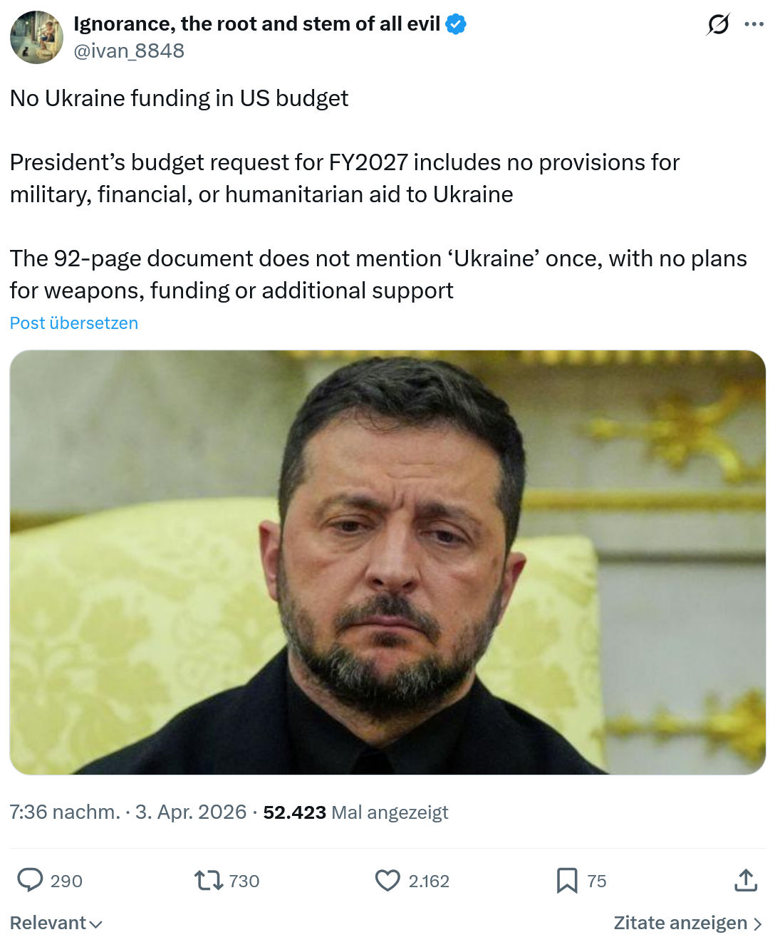 ivan Ignorance: No Ukraine funding in US budget…