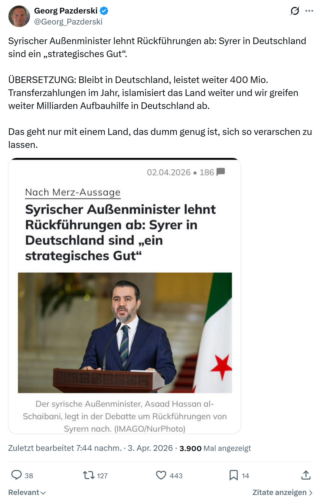 Georg Pazderski: Syrischer Außenminister lehnt Rückführungen ab…