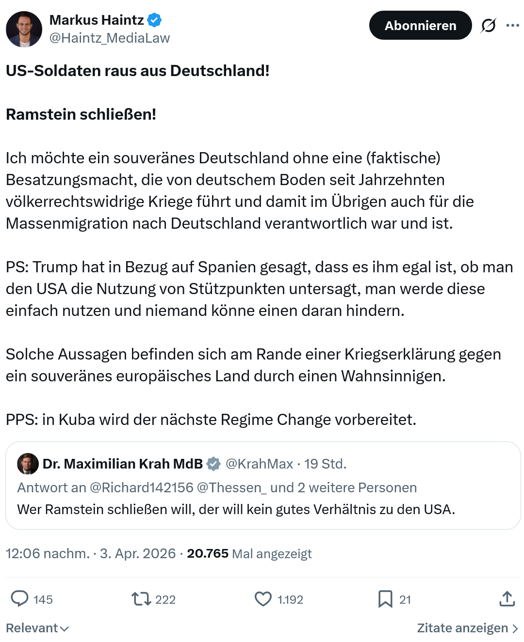 Markus Haintz: US-Soldaten raus aus Deutschland…