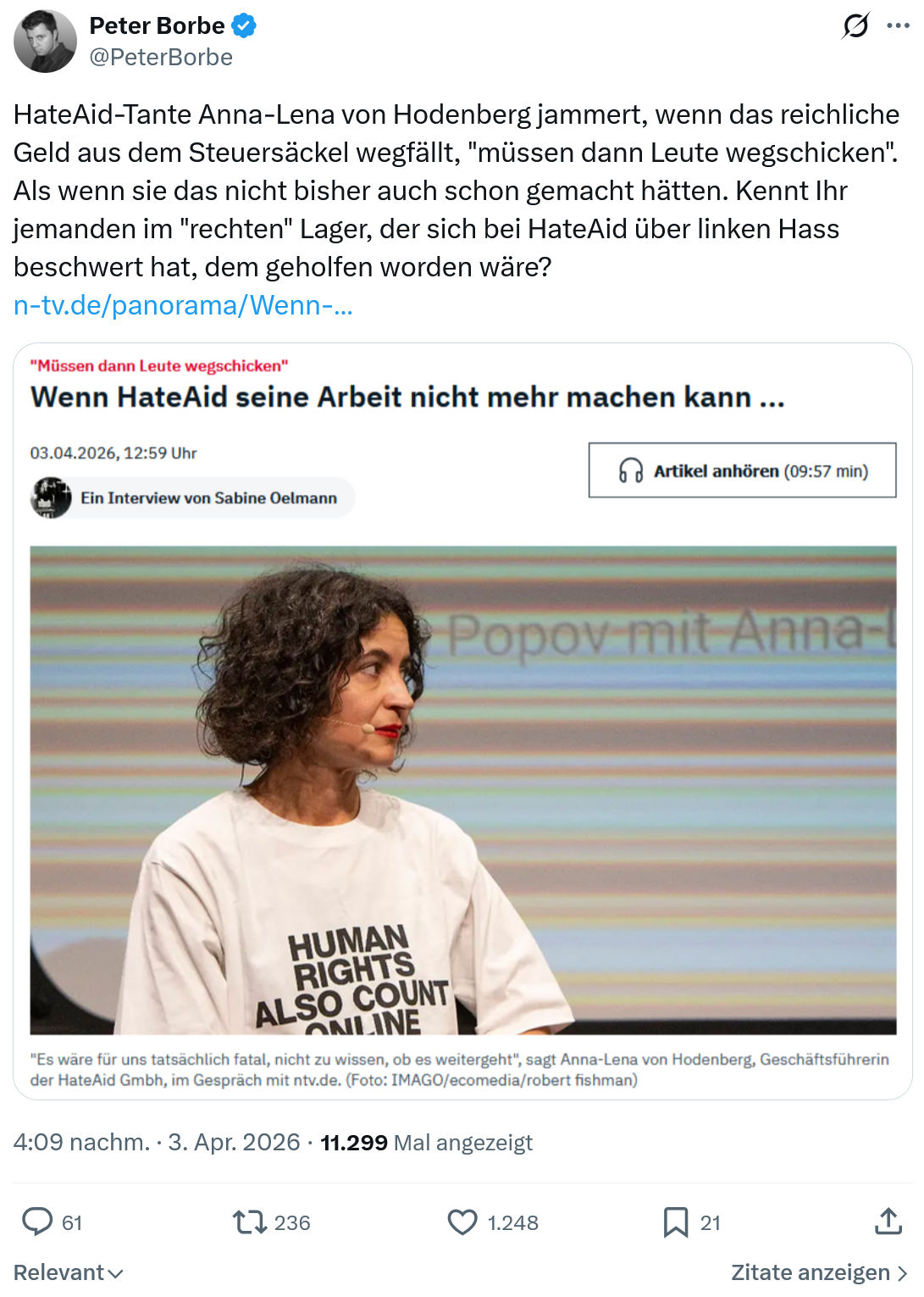Peter Borbe: HateAid-Tante Anna-Lena von Hodenberg…