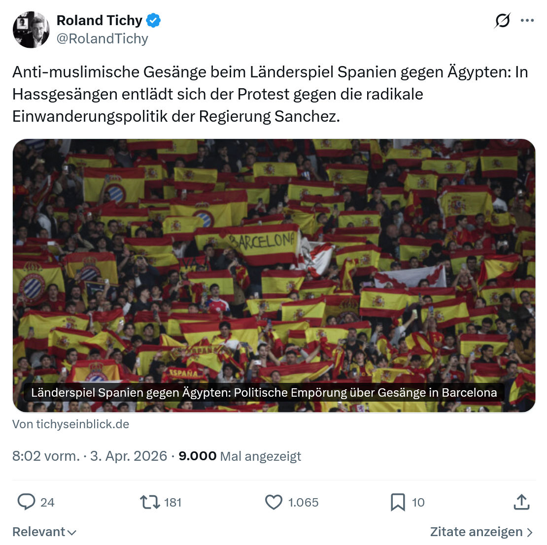 Roland Tichy: Anti-muslimische Gesänge beim Länderspiel Spanien…