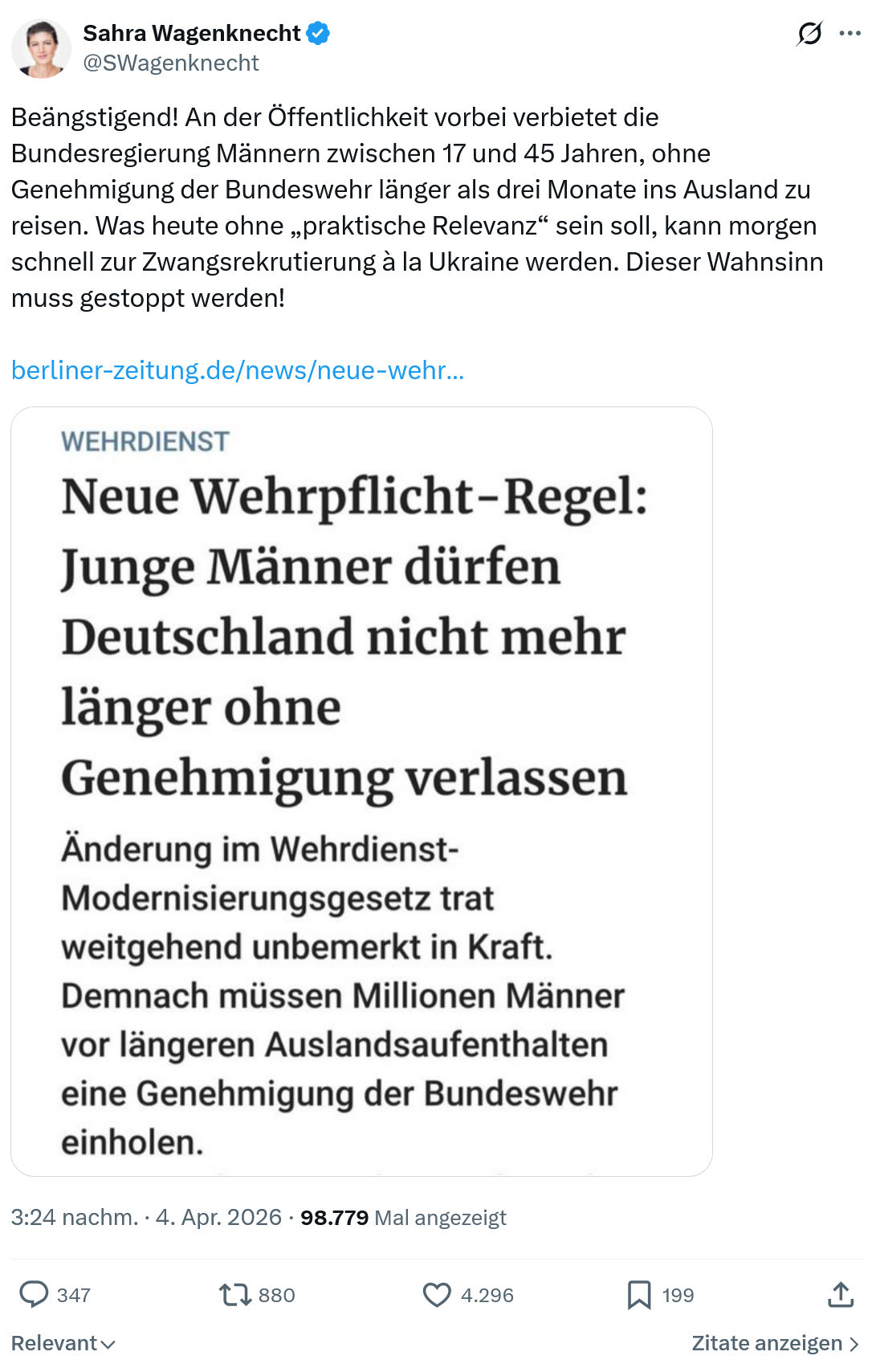Sahra Wagenknecht: Beängstigend! An der Öffentlichkeit vorbei verbietet…