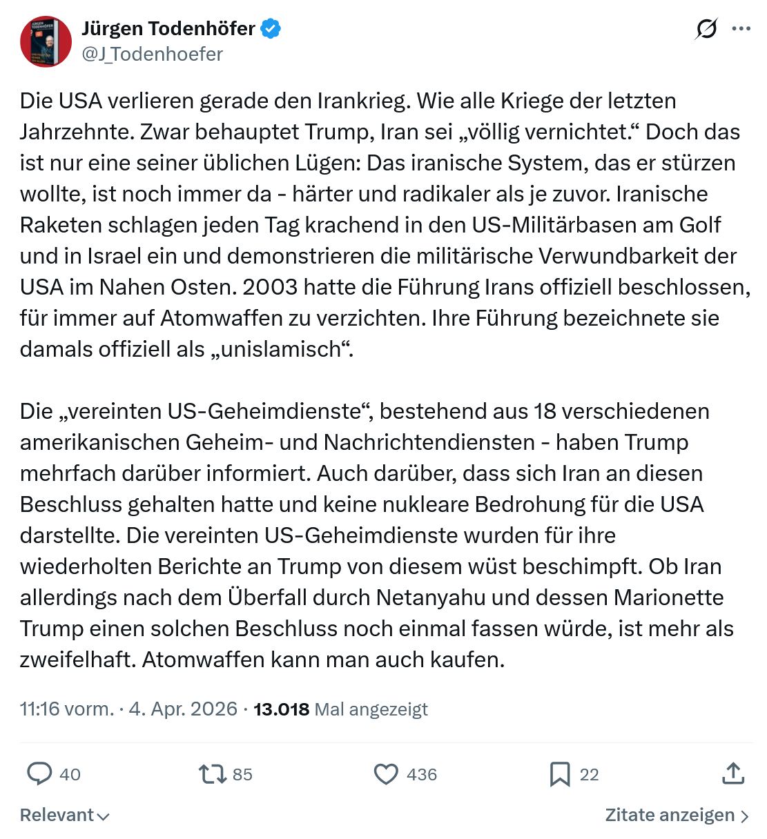 Jürgen Todenhöfer: Die USA verlieren gerade den Irankrieg…