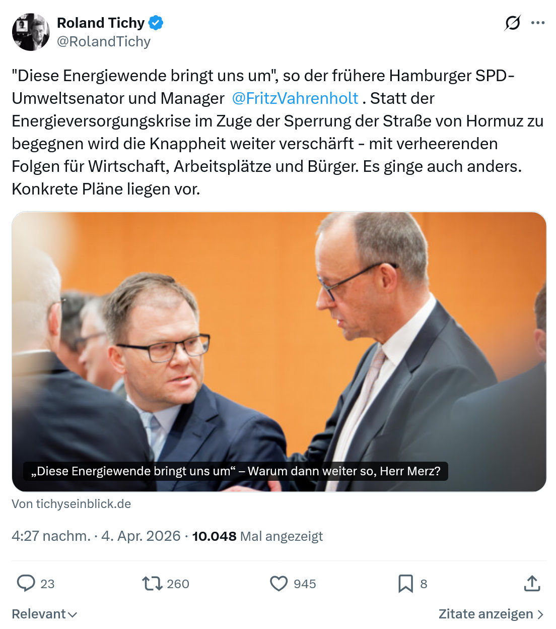 Roland Tichy: "Diese Energiewende bringt uns um"…