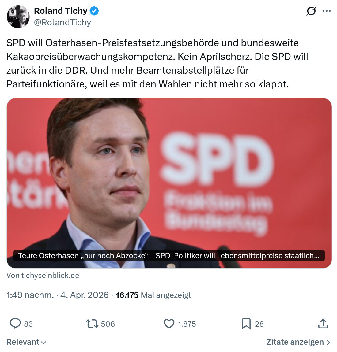 Roland Tichy: SPD will Osterhasen-Preisfestsetzungsbehörde…
