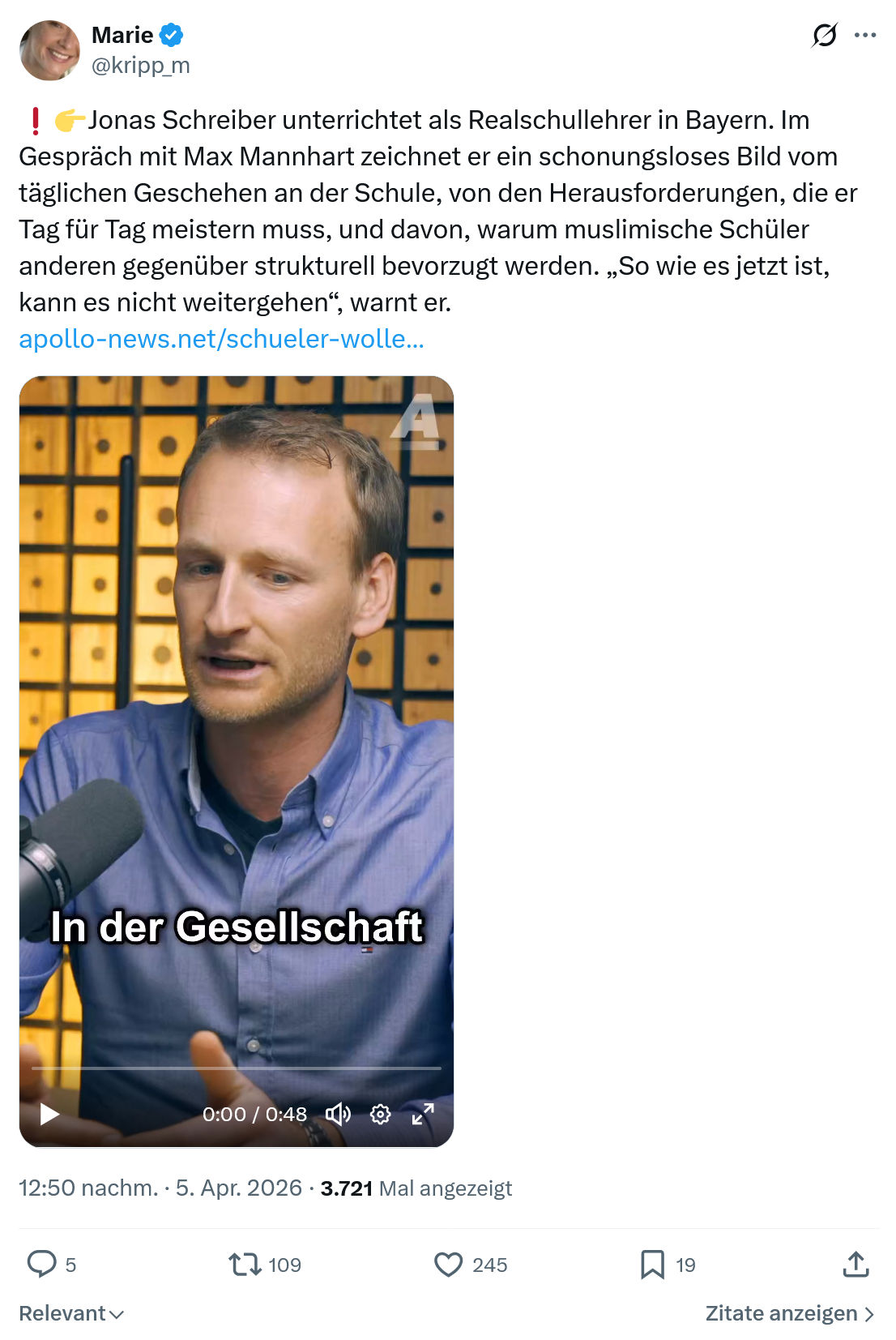 Marie kripp: Jonas Schreiber unterrichtet als Realschullehrer in Bayern…