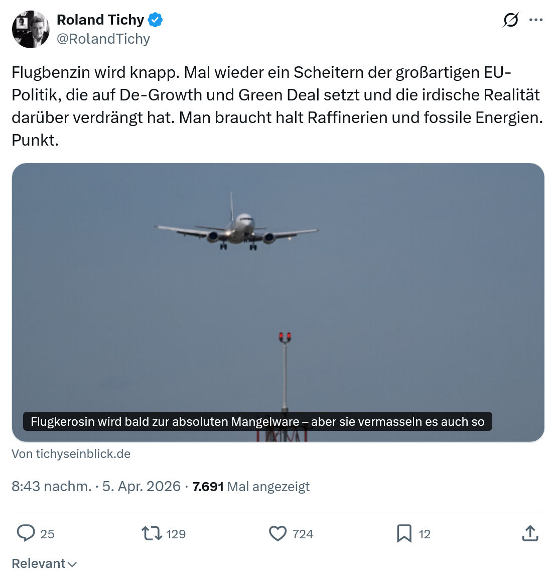 Roland Tichy: Flugbenzin wird knapp…
