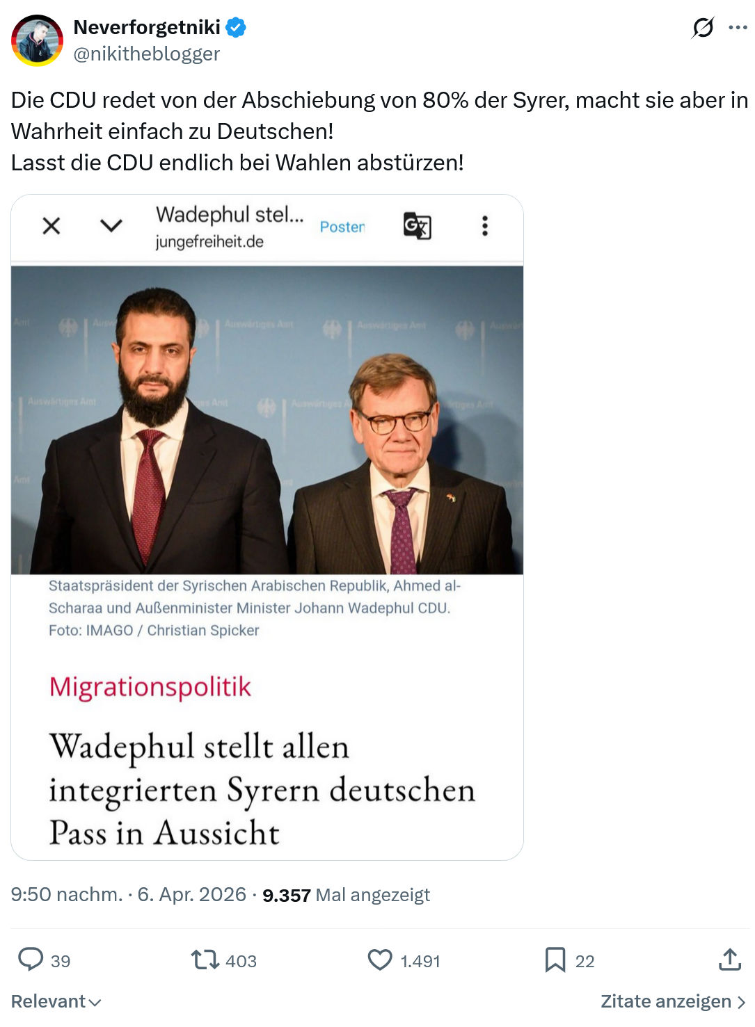 Neverforgetniki: Die CDU redet von der Abschiebung von 80% der Syrer…