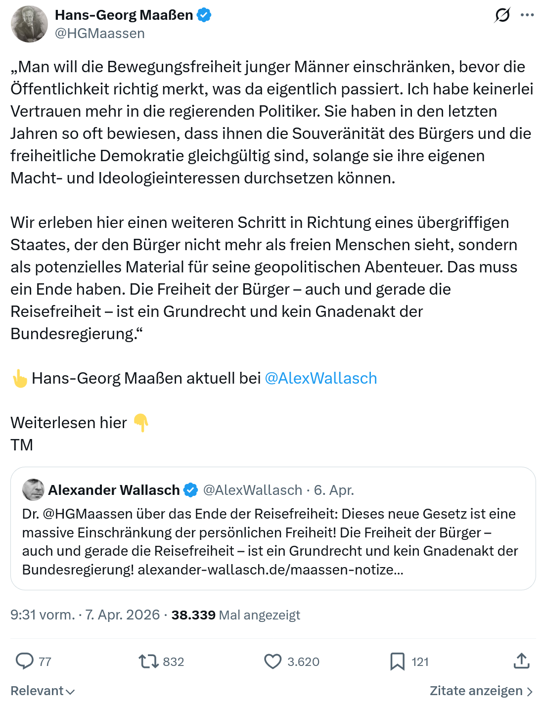 Hans-Georg Maaßen: Man will die Bewegungsfreiheit junger…