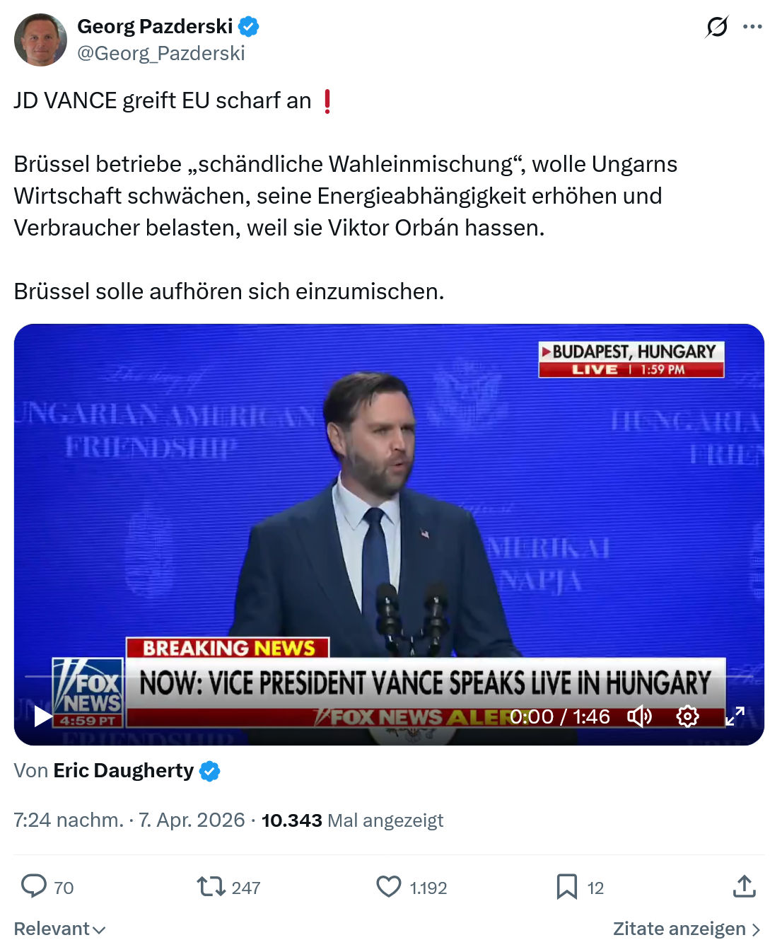 Georg Pazderski: JD VANCE greift EU scharf an…