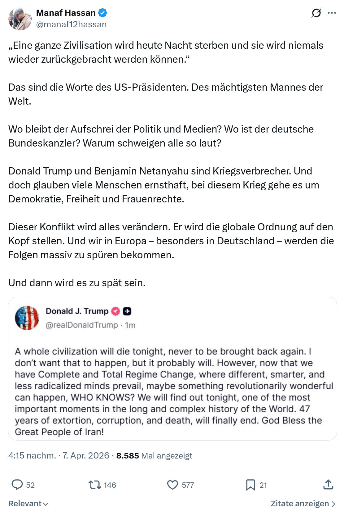 Manaf Hassan: Eine ganze Zivilisation wird heute Nacht…