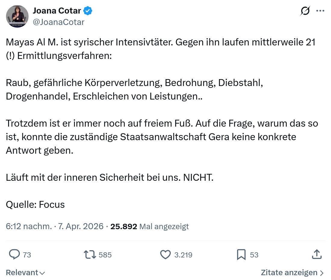 Joana Cotar: Mayas Al M. ist syrischer Intensivtäter…