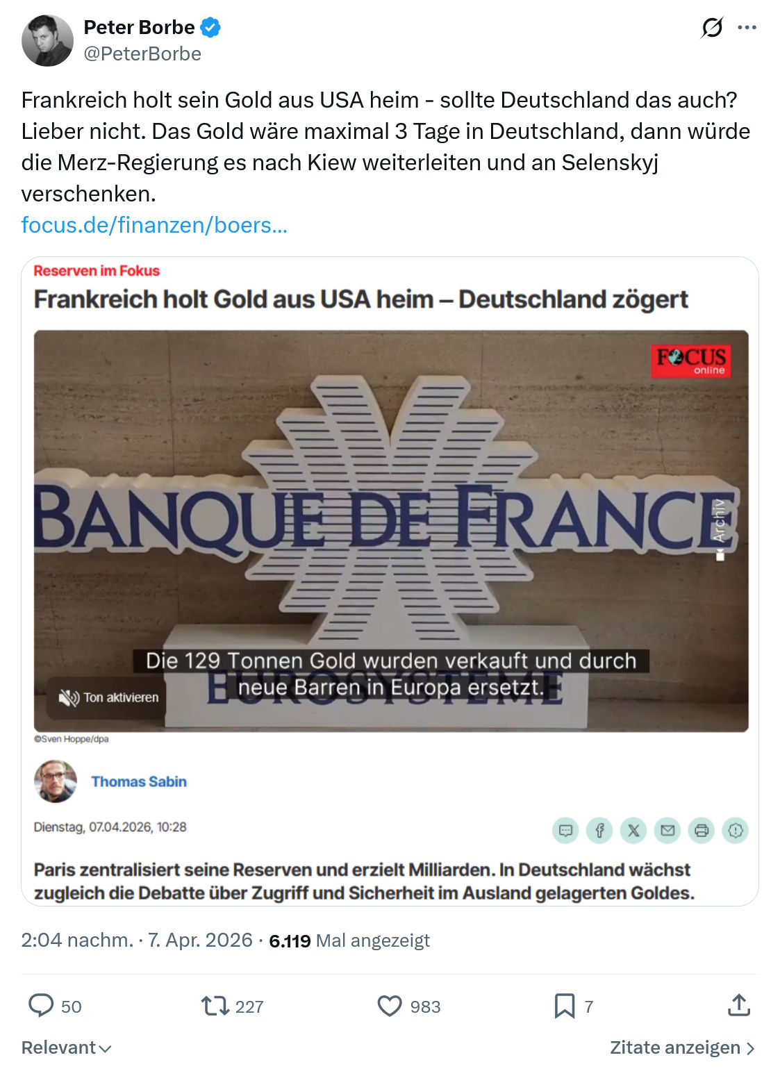 Peter Borbe: Frankreich holt sein Gold aus USA heim…