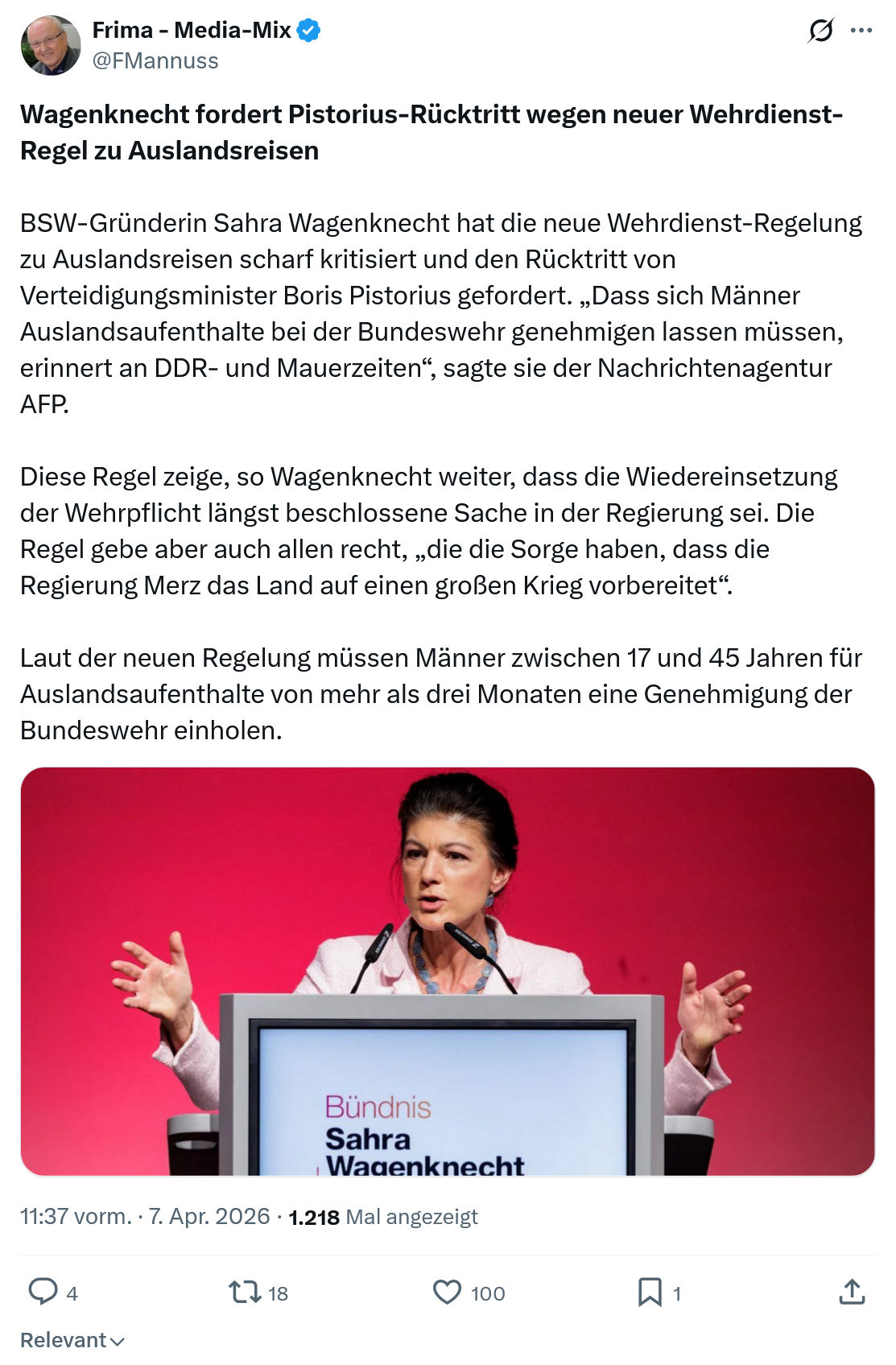 Friedrich Mannus: Wagenknecht fordert Pistorius-Rücktritt…
