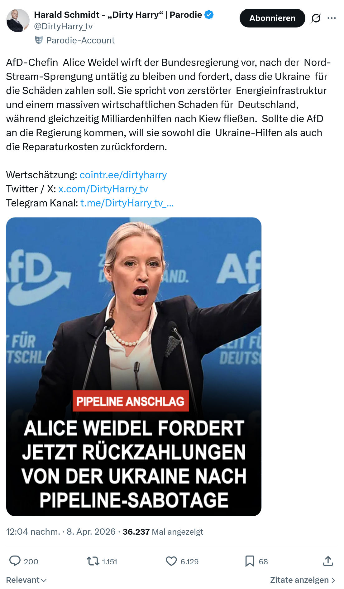 Harald Schmidt: AfD-Chefin  Alice Weidel wirft der Bundesregierung vor…