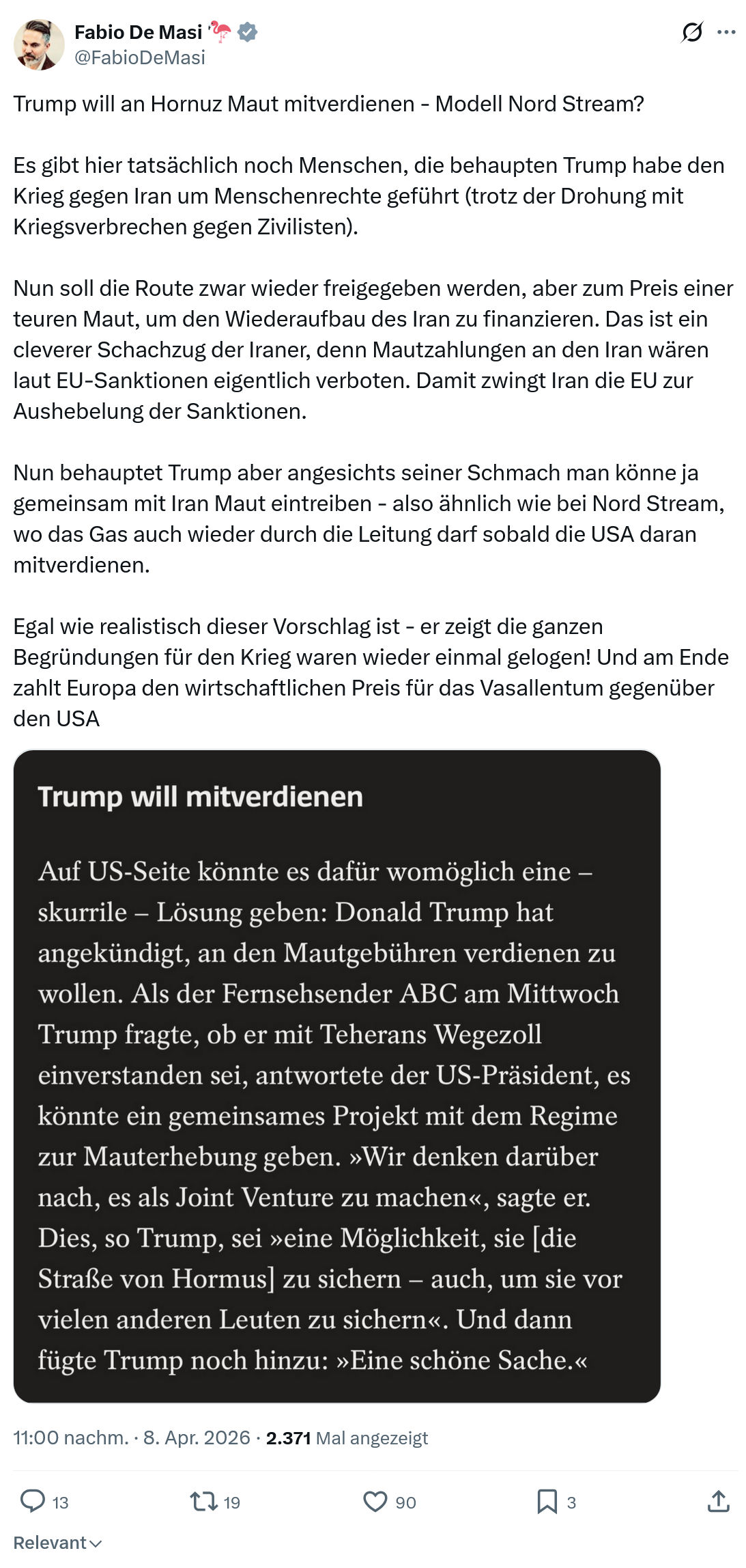 Fabio De Masi: Trump will an Hornuz Maut mitverdienen…