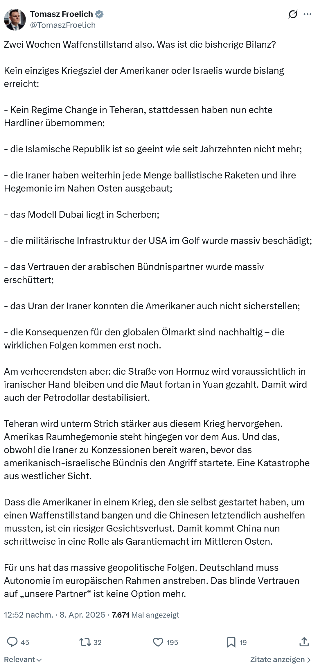 Tomasz Froelich: Zwei Wochen Waffenstillstand also…