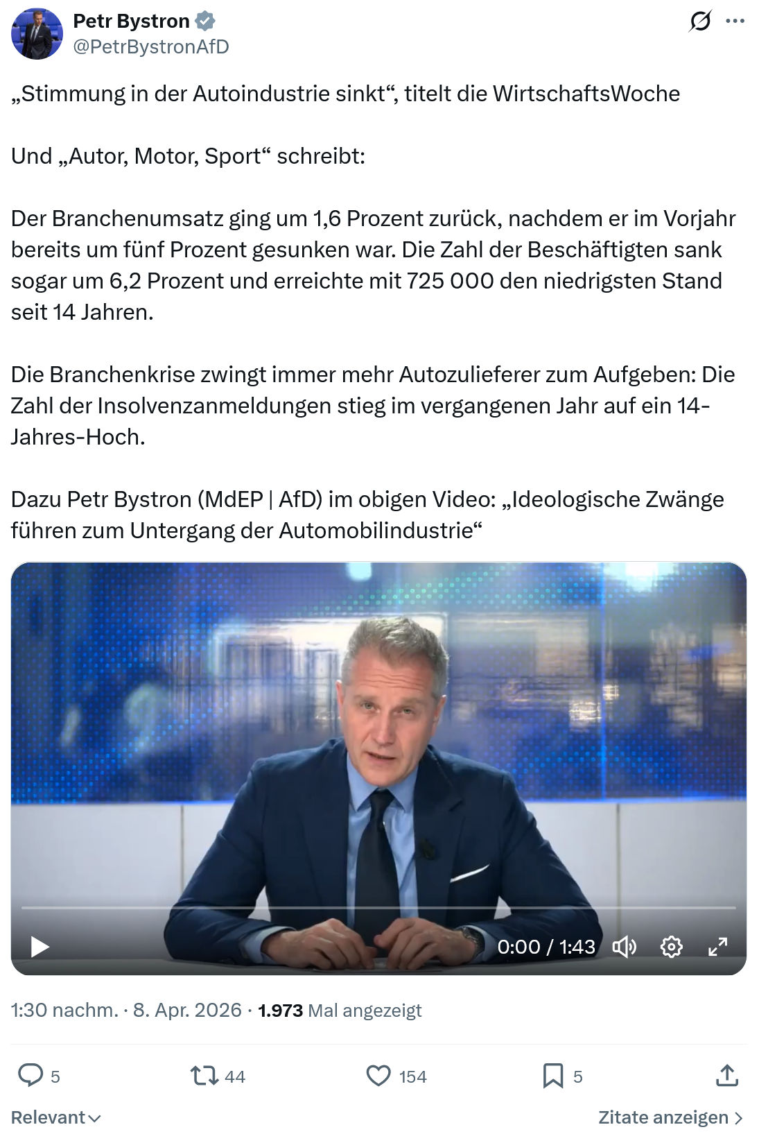 Petr Bystron: „Stimmung in der Autoindustrie sinkt“…