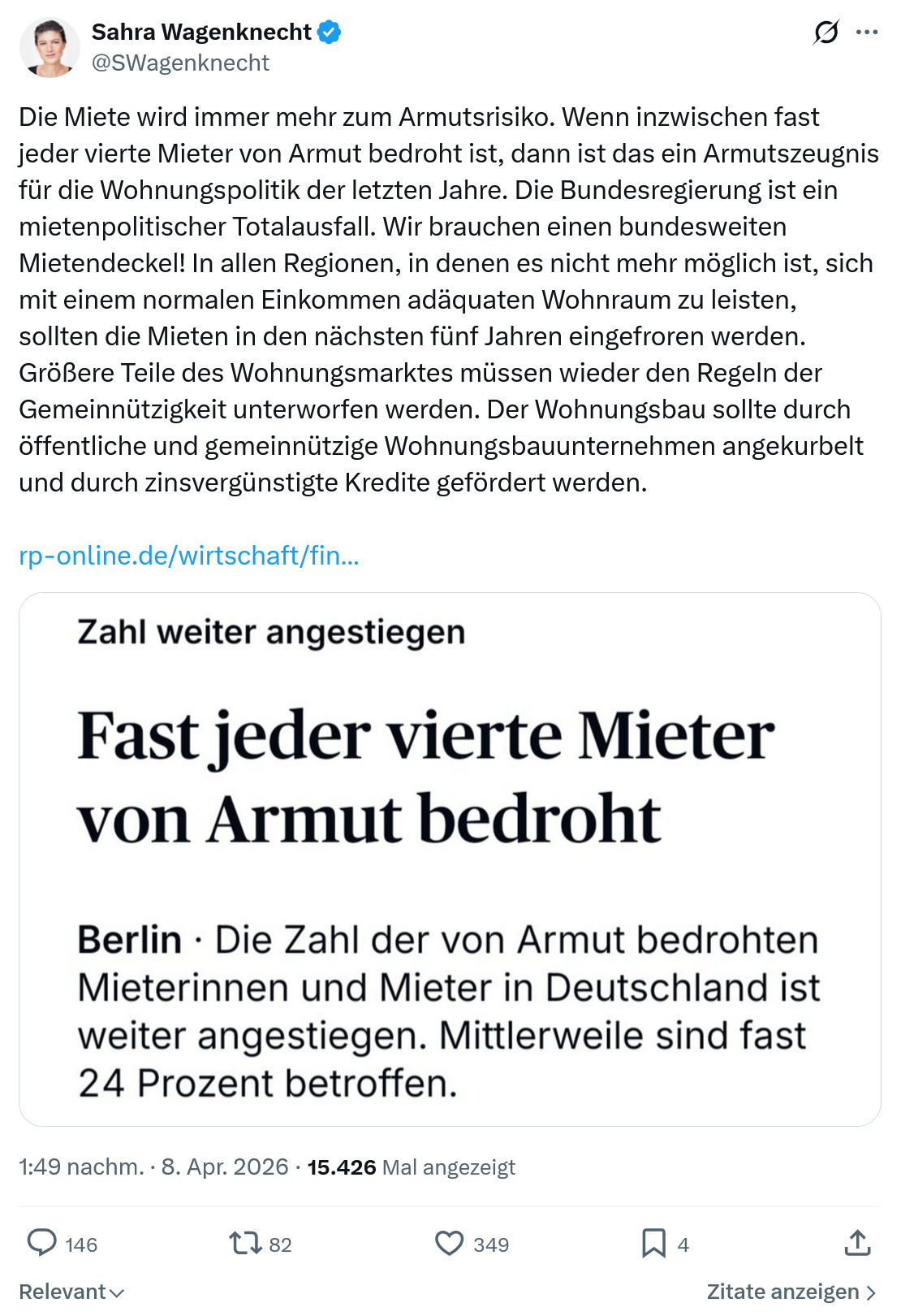 Sahra Wagenknecht: Die Miete wird immer…