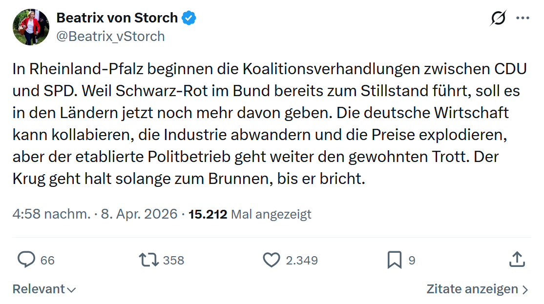 Beatrix von Storch: In Rheinland-Pfalz beginnen die Koalitionsverhandlungen…