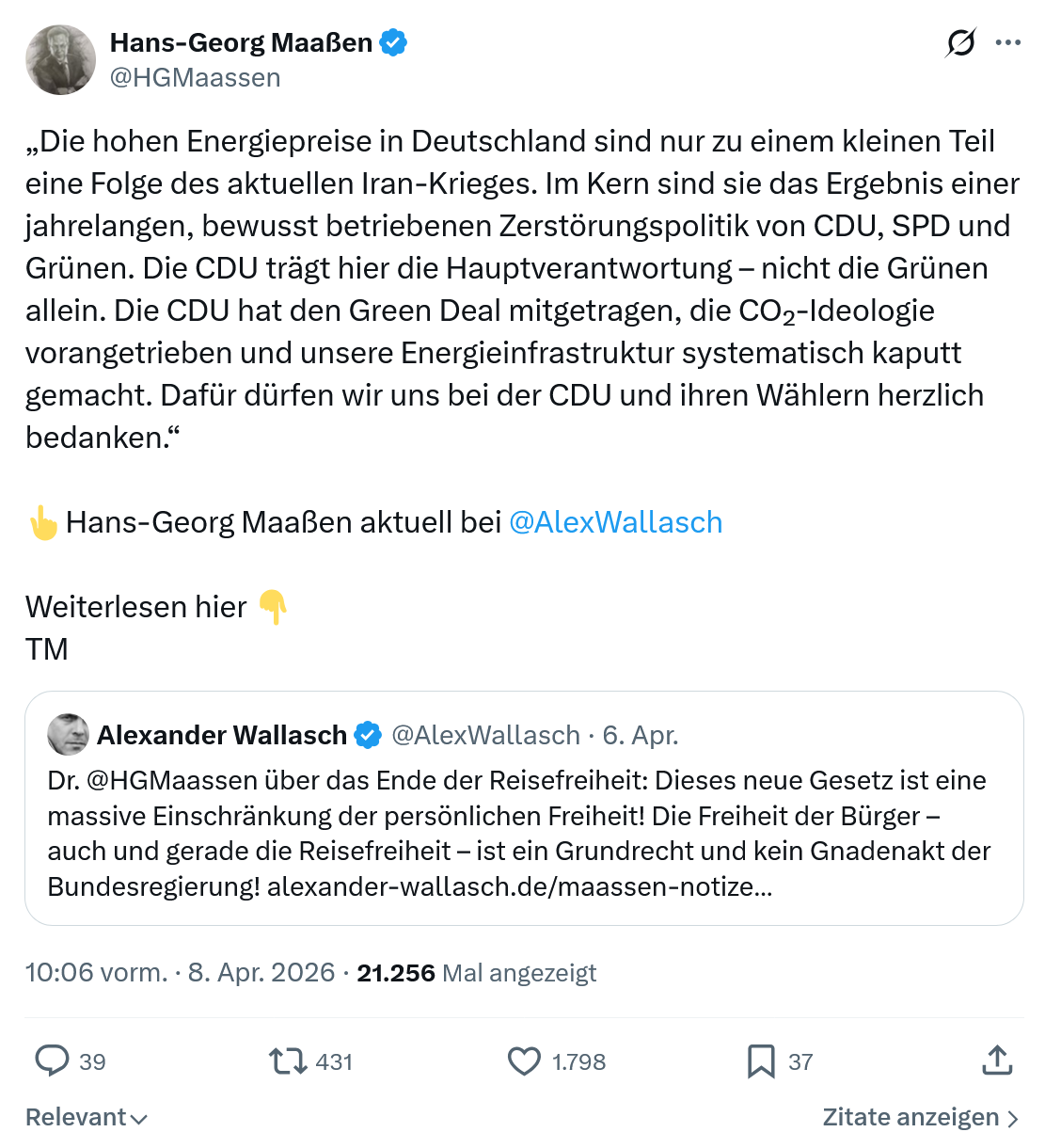 Hans-Georg Maaßen: Die hohen Energiepreise in Deutschland…