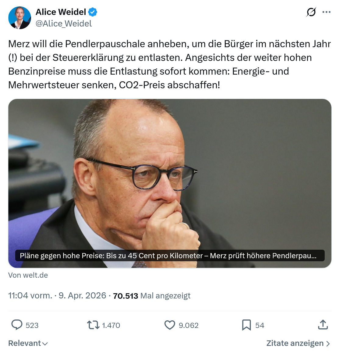 Alice Weidel: Merz will die Pendlerpauschale anheben...