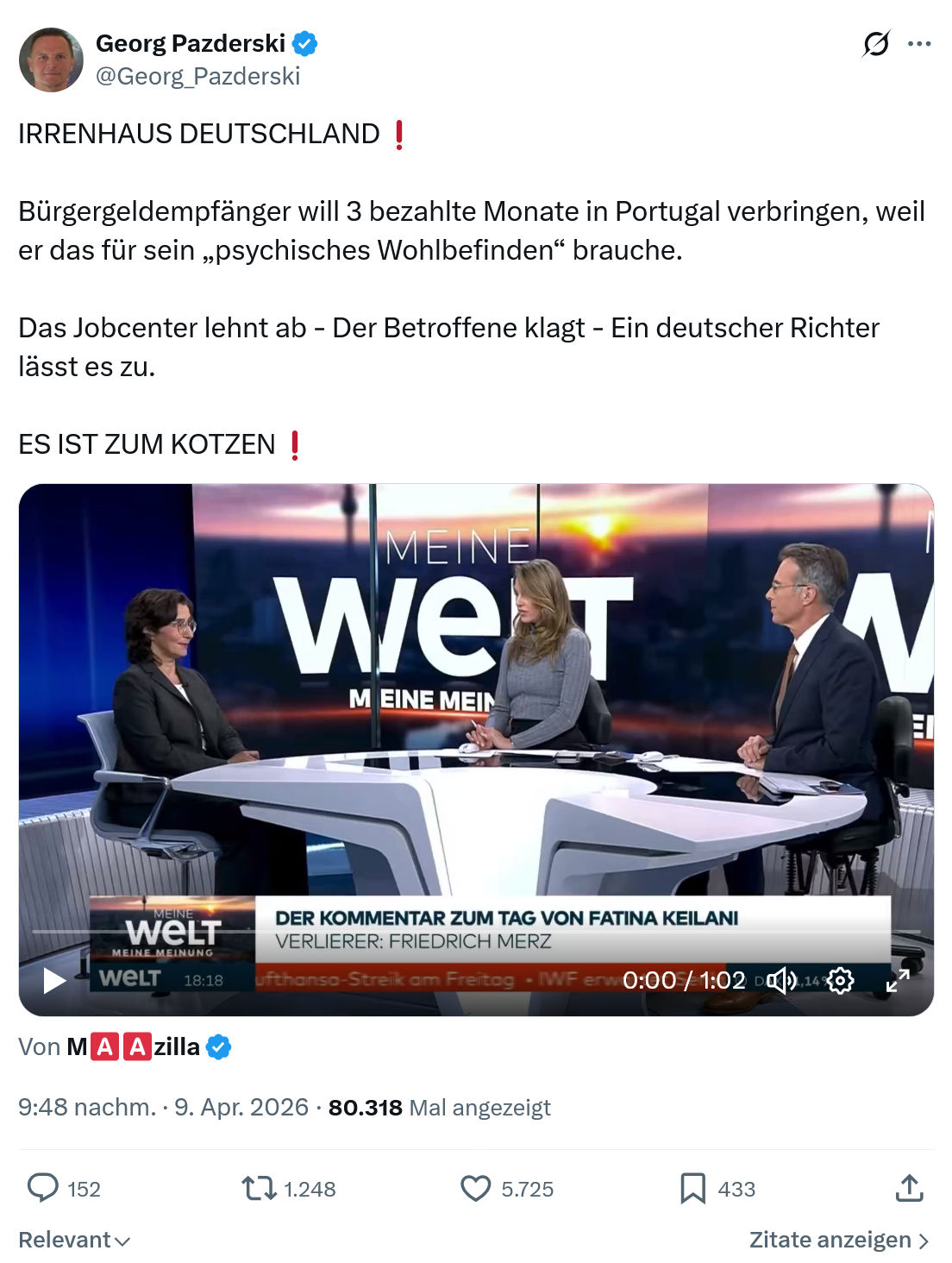 Georg Pazderski: IRRENHAUS DEUTSCHLAND❗️Bürgergeldempfänger will 3 ...