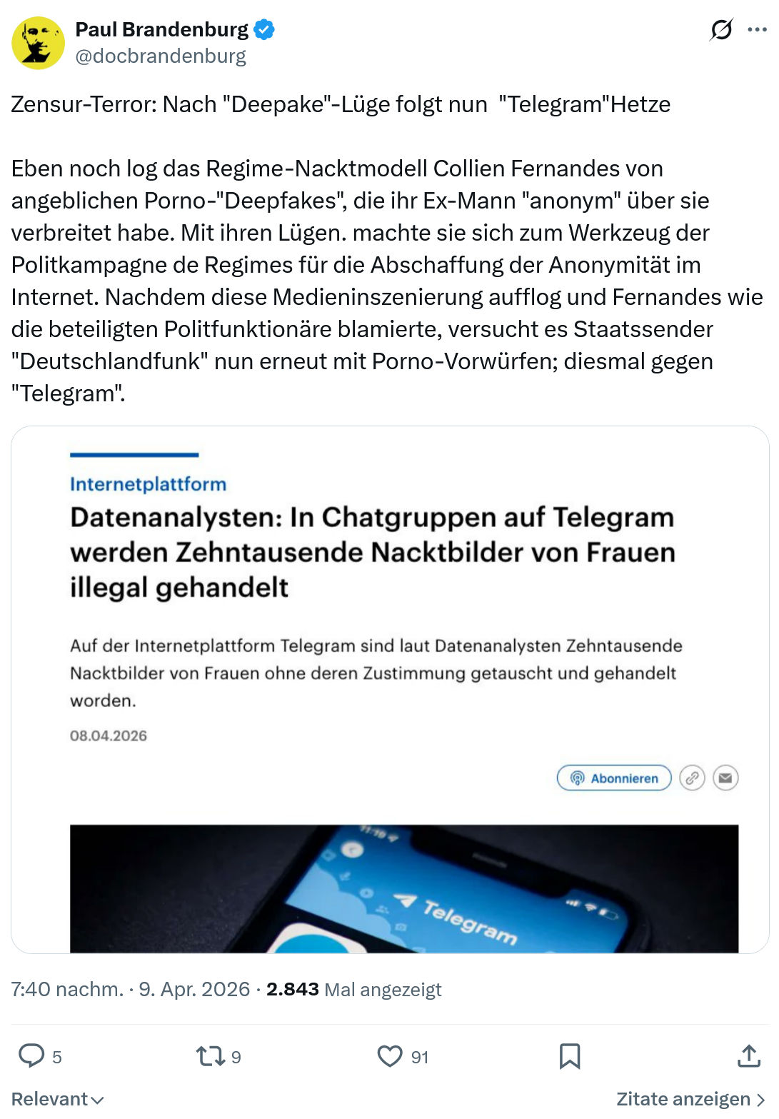 Paul Brandenburg: Zensur-Terror: Nach ""Deepake""-Lüge folgt...