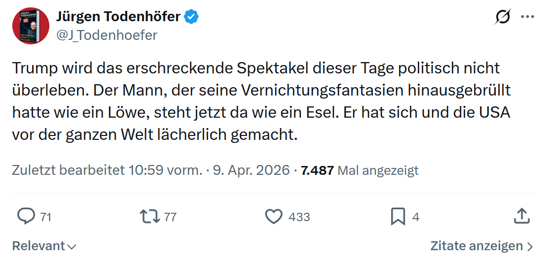 Jürgen Todenhöfer: Trump wird das erschreckende Spektakel dieser...