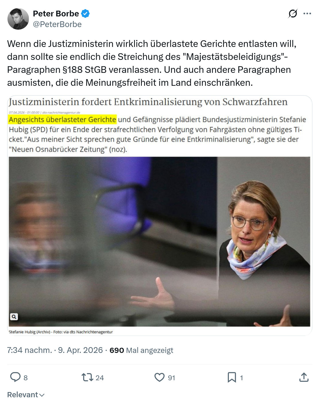 Peter Borbe: Wenn die Justizministerin wirklich überlastete...