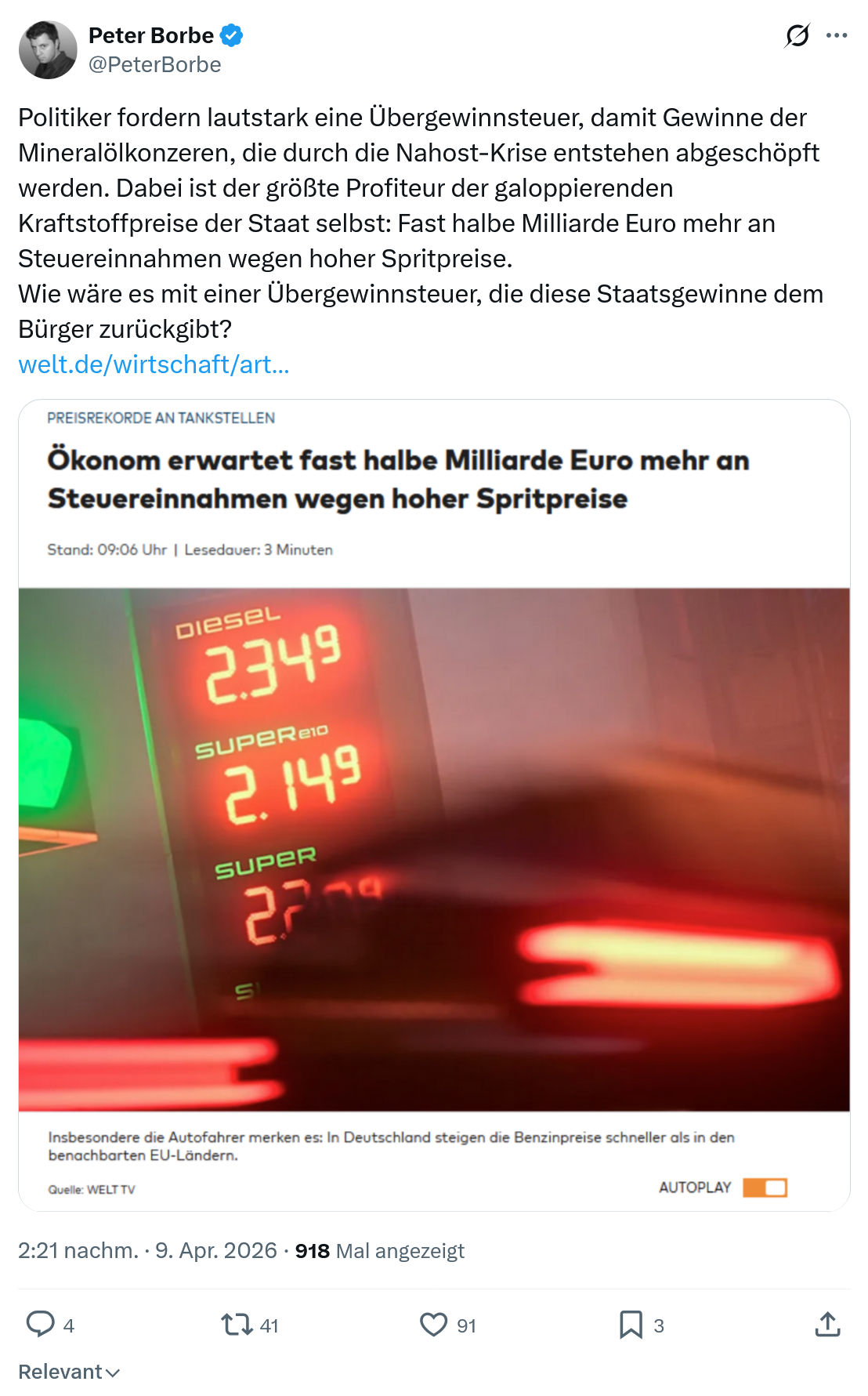 Peter Borbe: Politiker fordern lautstark eine Übergewinnsteuer...
