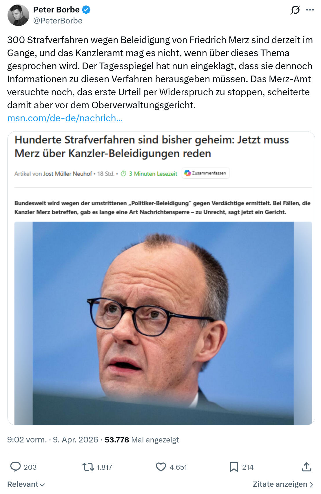 Peter Borbe: 300 Strafverfahren wegen Beleidigung von Friedrich...