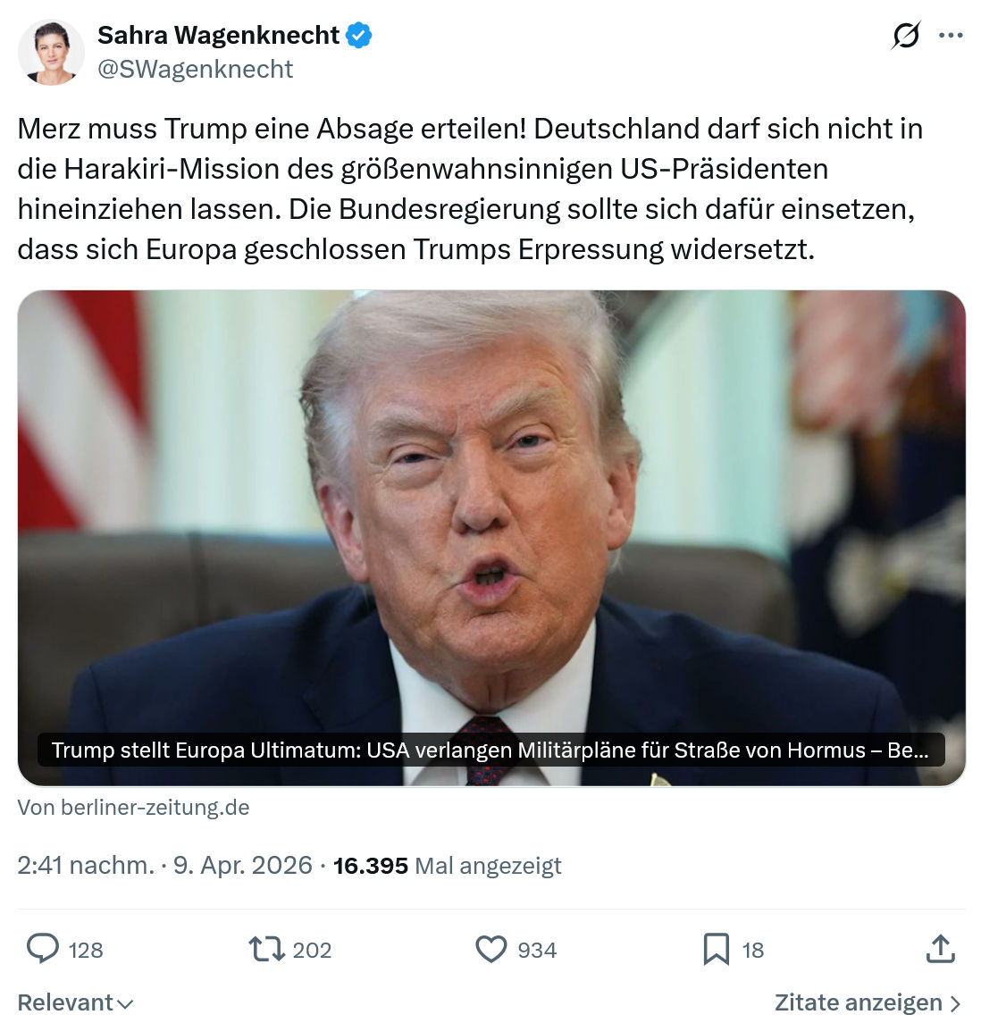 Sahra Wagenknecht: Merz muss Trump eine Absage...