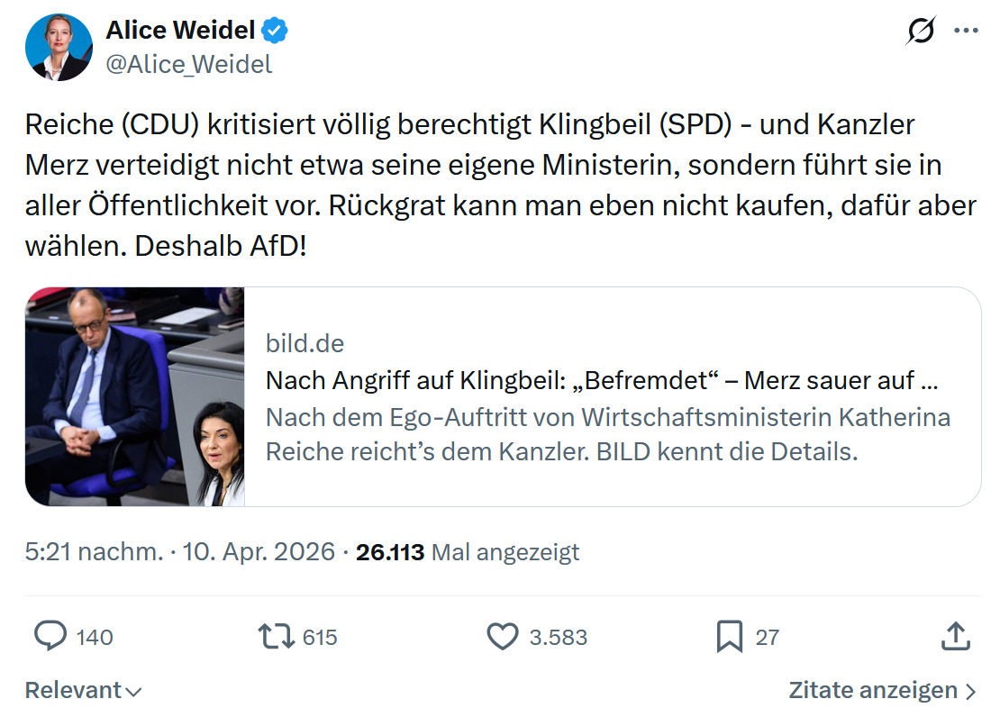 Alice Weidel: Reiche (CDU) kritisiert völlig berechtigt Klingbeil (SPD)…