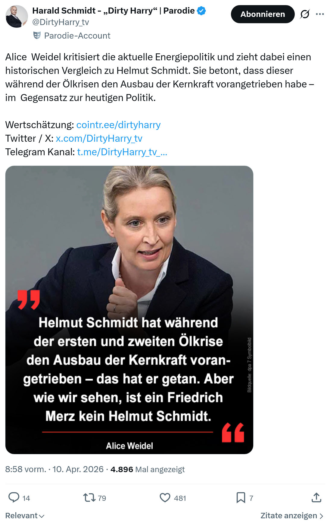 Harald Schmidt: Alice  Weidel kritisiert die aktuelle Energiepolitik…