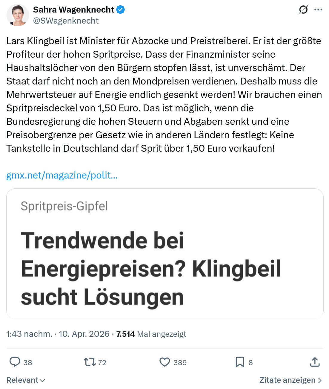 Sahra Wagenknecht: Lars Klingbeil ist Minister für Abzocke…