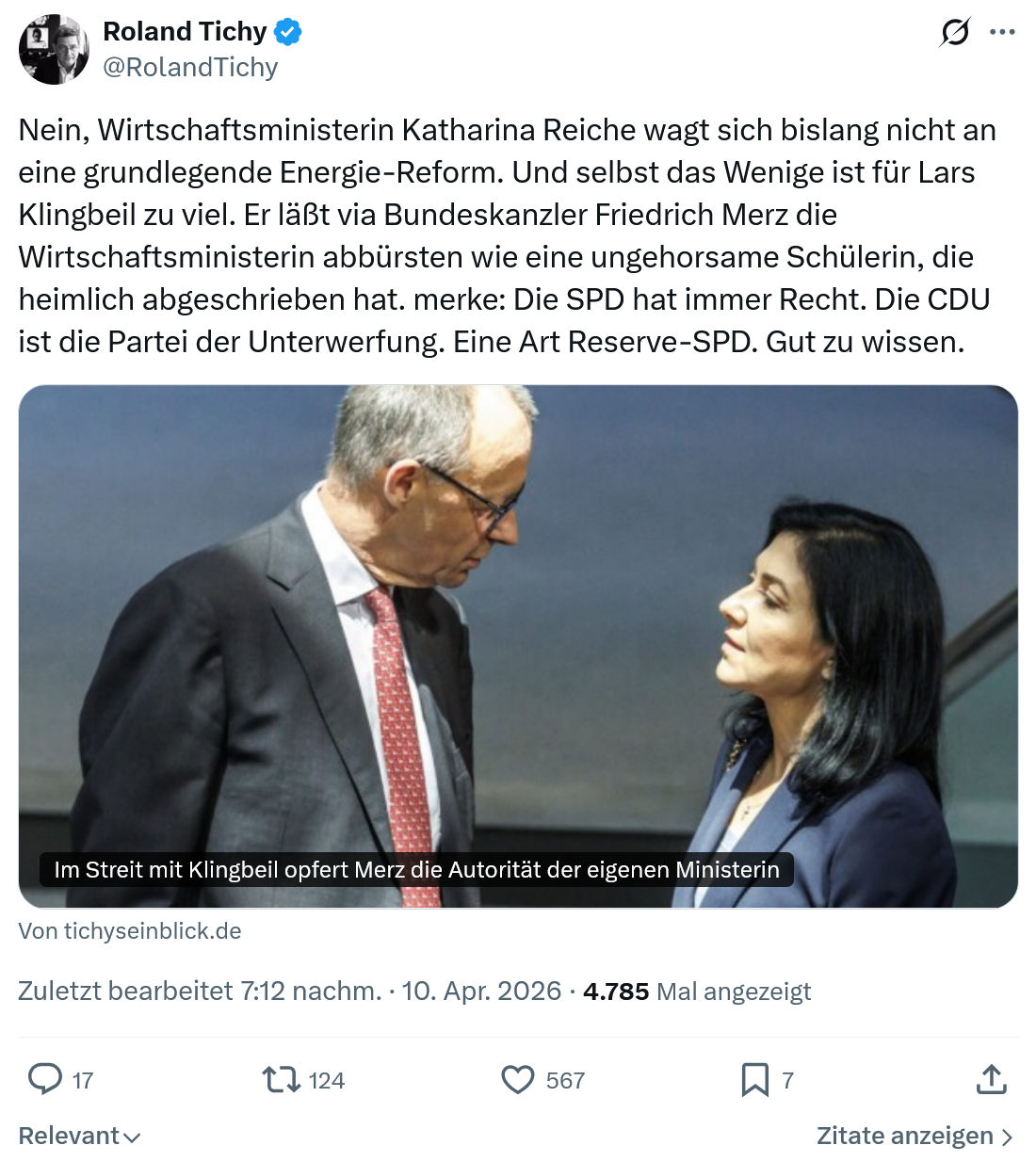 Roland Tichy: Nein, Wirtschaftsministerin Katharina Reiche…