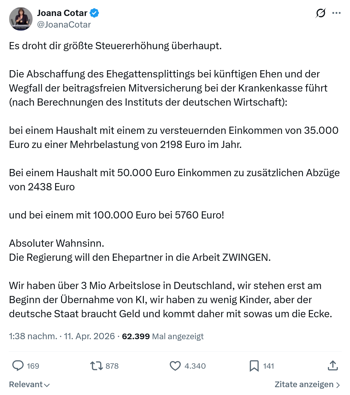 Joana Cotar: Es droht dir größte Steuererhöhung überhaupt…