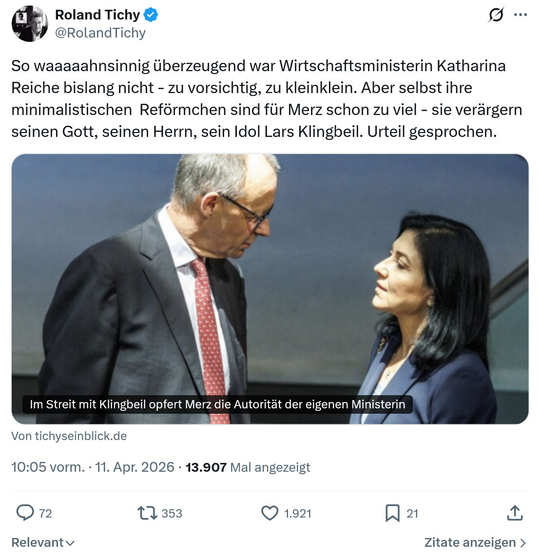 Roland Tichy: So waaaaahnsinnig überzeugend war Wirtschaftsministerin…