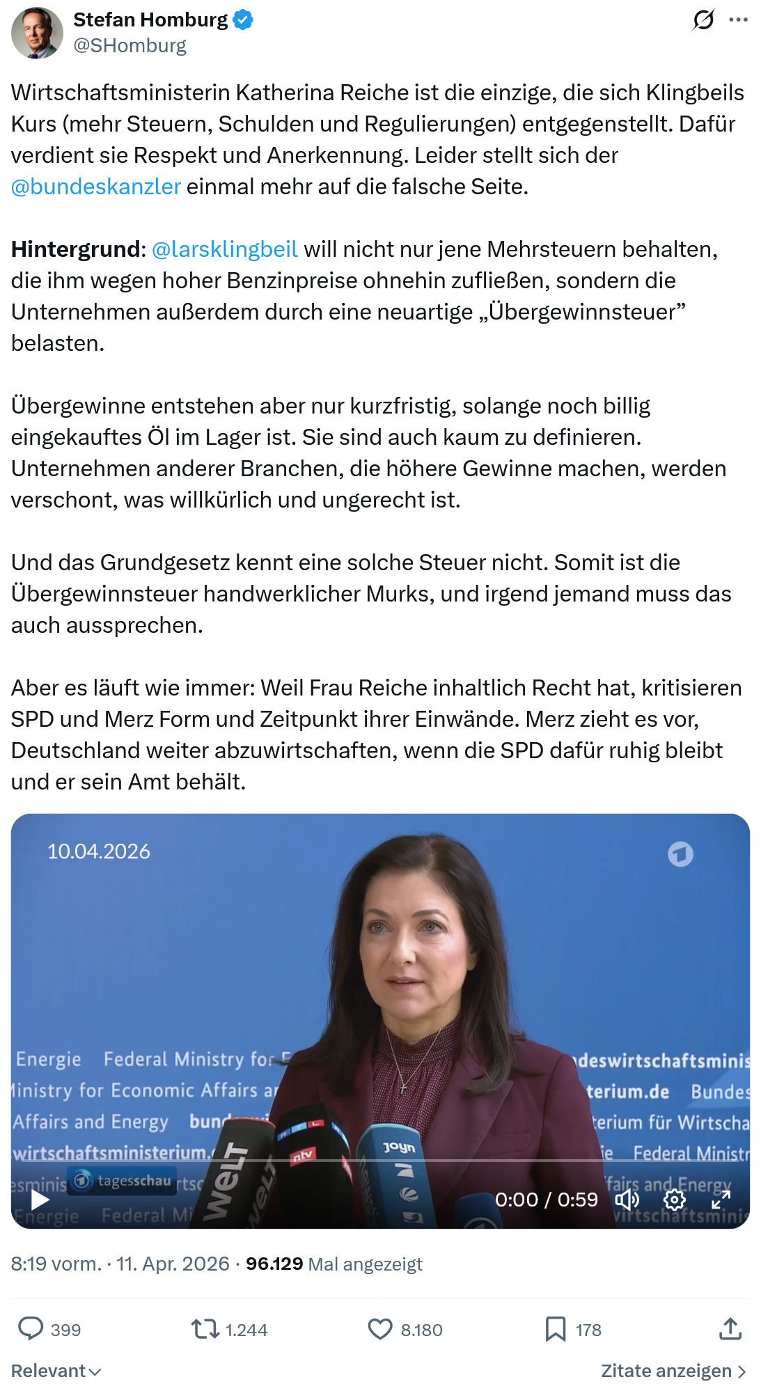 Stefan Homburg: Wirtschaftsministerin Katherina Reiche ist die einzige…