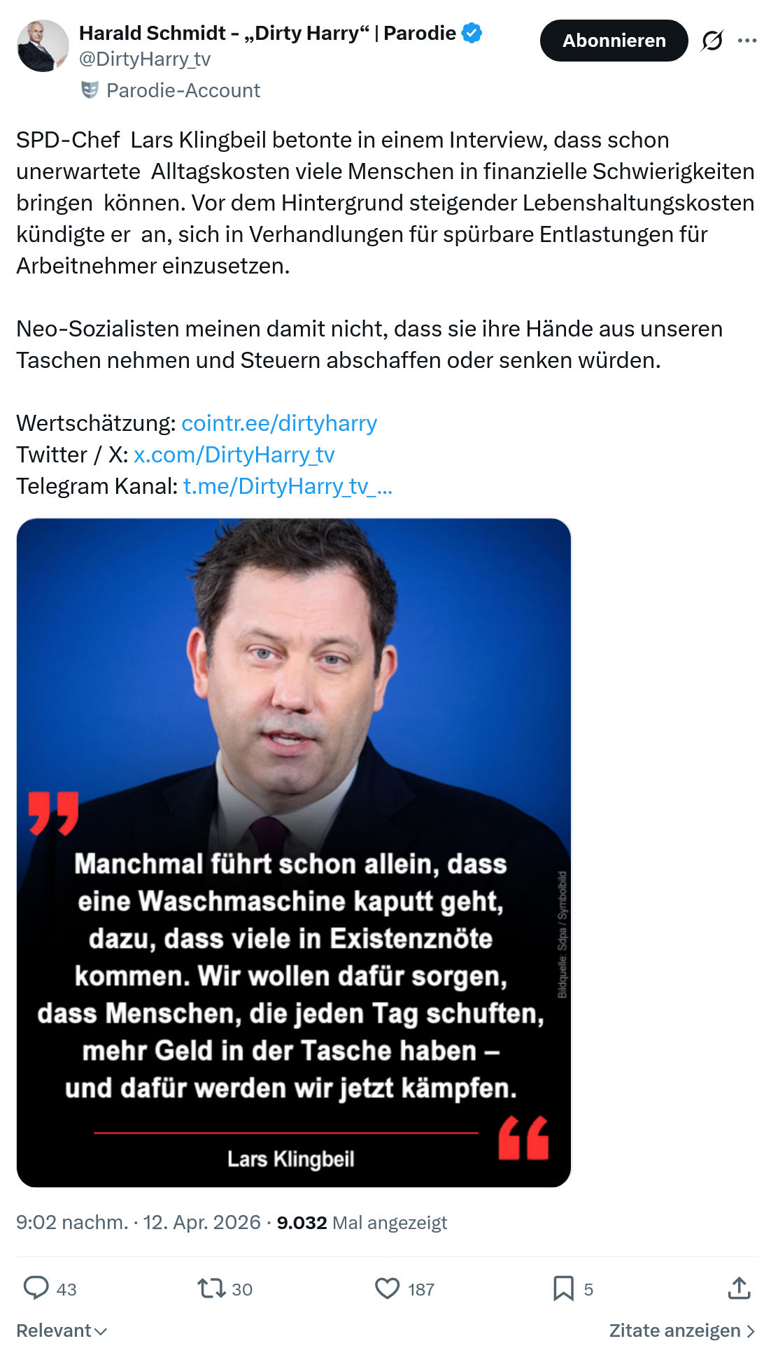 Harald Schmidt: SPD-Chef  Lars Klingbeil betonte in einem Interview…