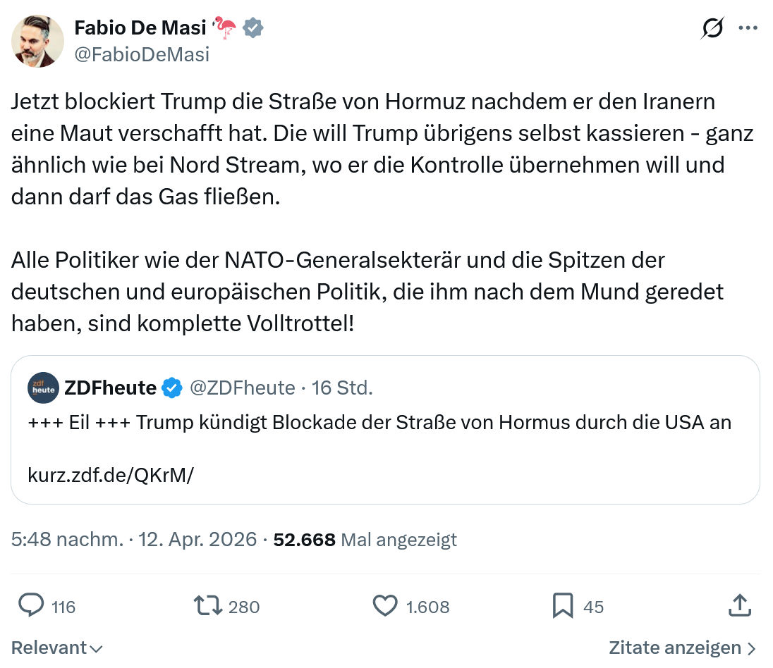 Fabio De Masi: Jetzt blockiert Trump die Straße von Hormuz…
