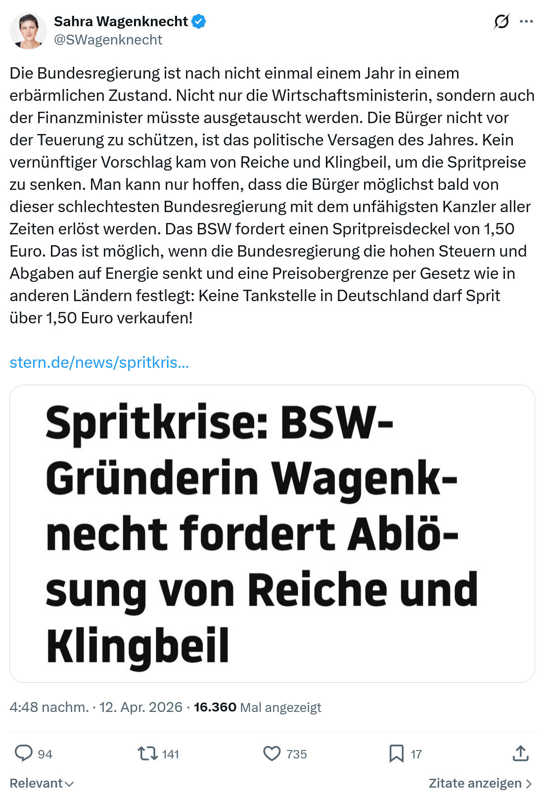 Sahra Wagenknecht: Die Bundesregierung ist nach nicht…