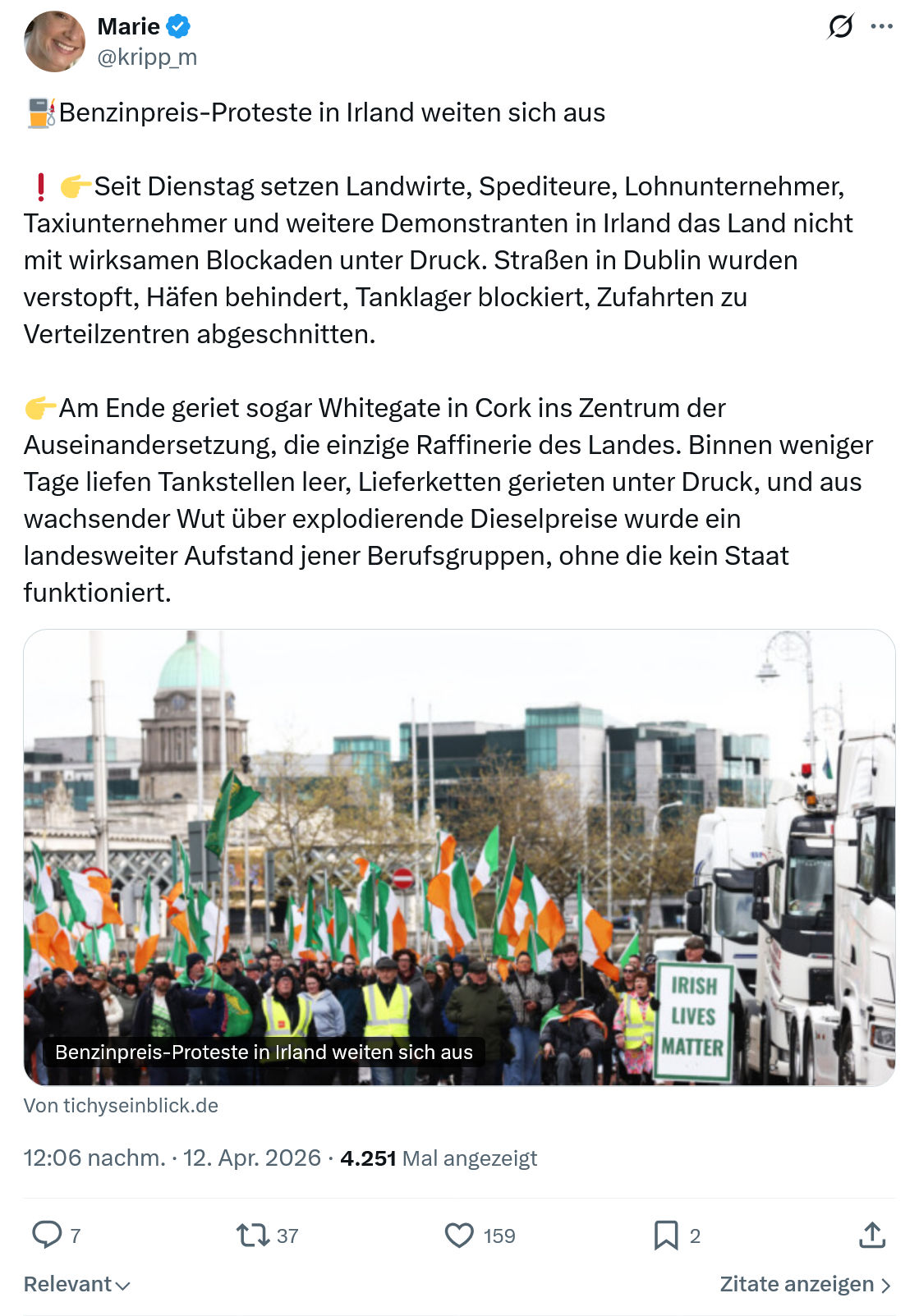Marie kripp: Benzinpreis-Proteste in Irland weiten sich aus…